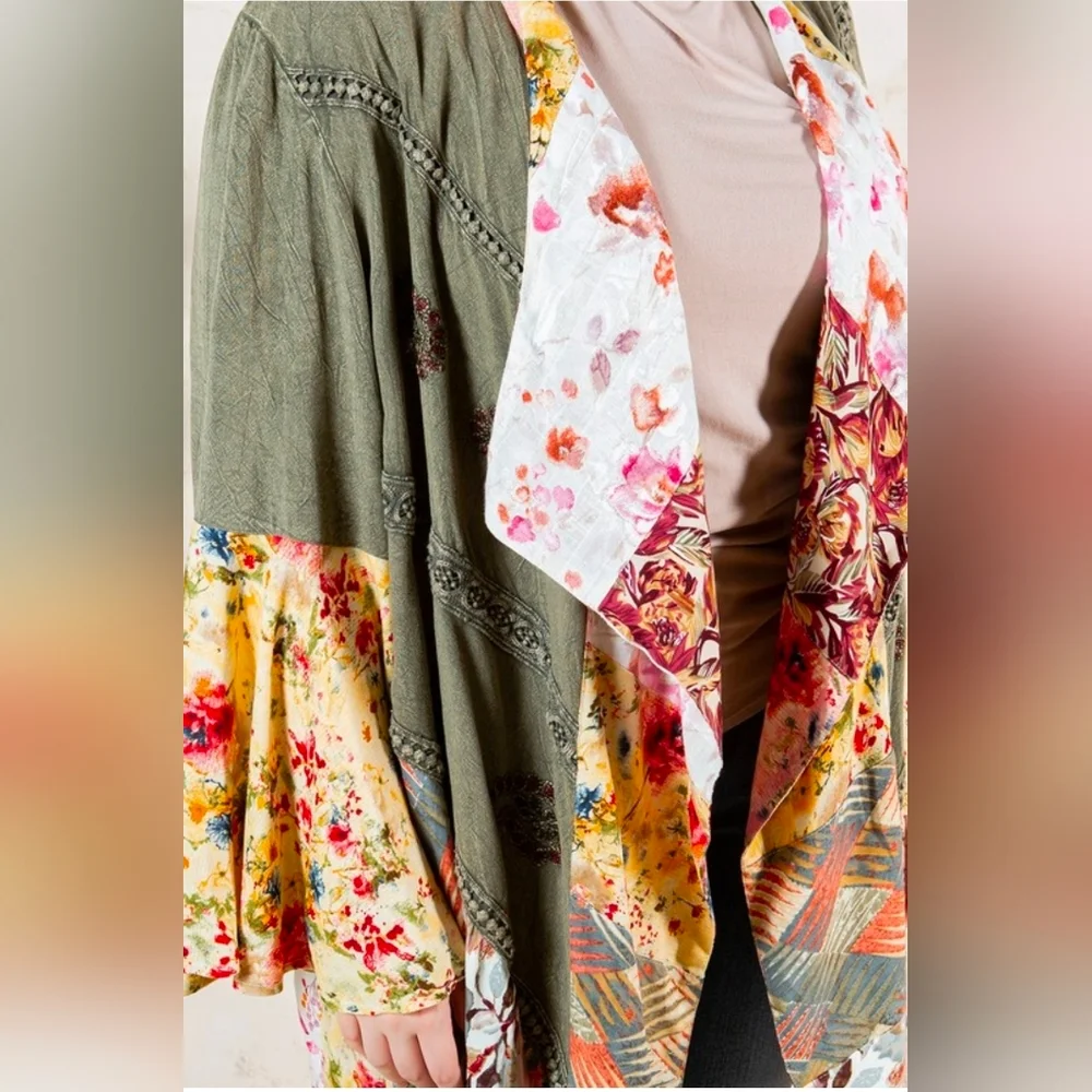 NEW!!Young Threads Boho Patchwork Open-Front Cardigan Olive & Floral, Sz 1X, NWT - Picture 3 of 4